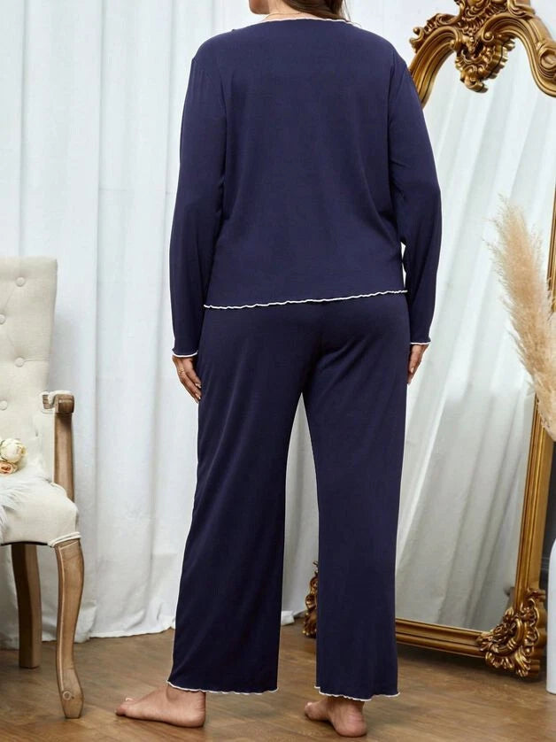 PYJAMA PLUS 24 26 NAVY RIBBED FRILL ASYMMETRIC HEM STRETCH LOUNGEWEAR COMFORT