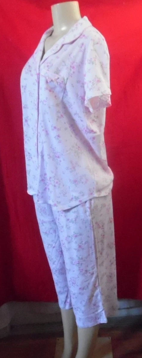 -KAREN NEUBURGER DITSY PINK FLORAL PAJAMAS BUTTON FRONT COLLAR TOP, CROP PANTS L