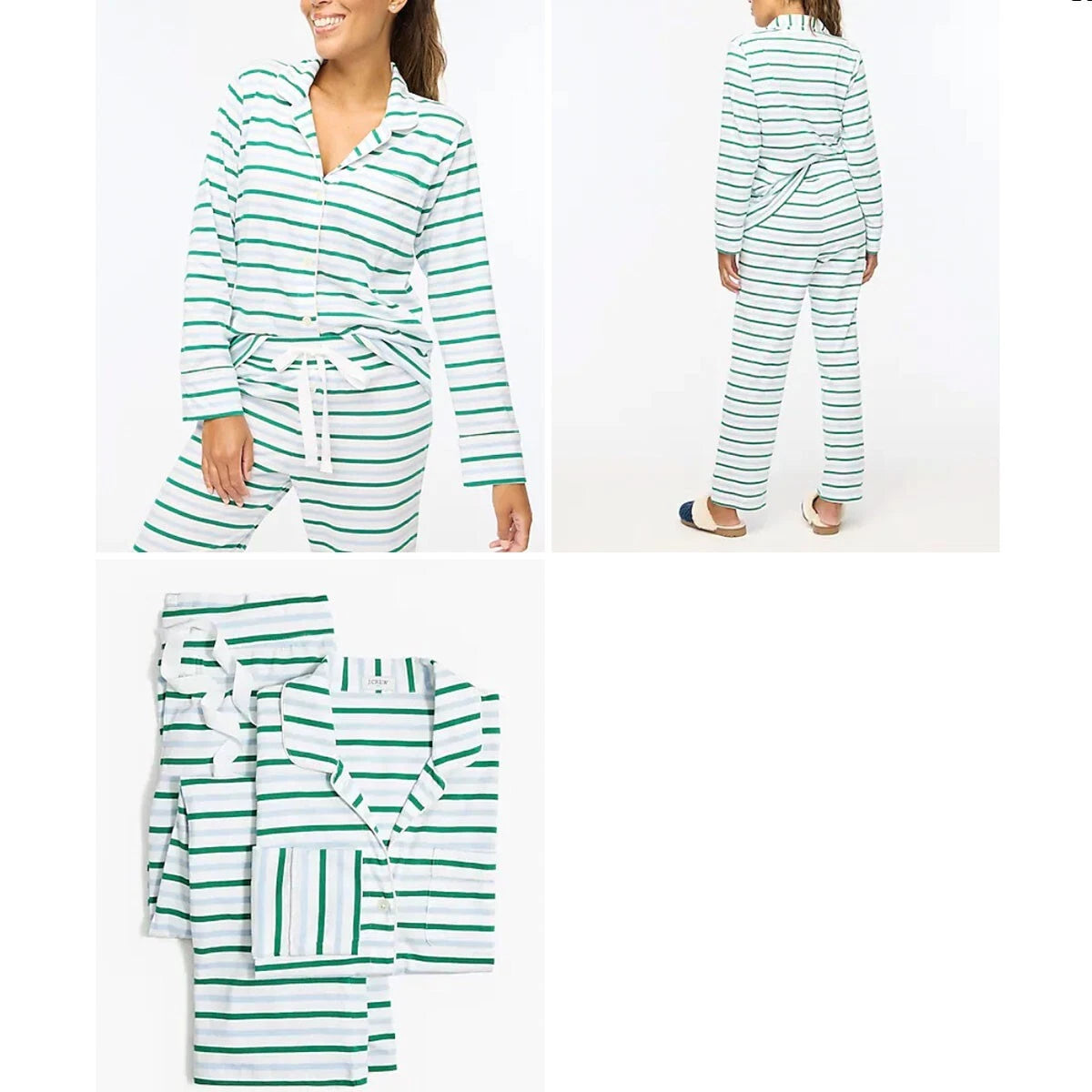 J Crew NWT $118 Long Sleeve 100% Cotton Knit Pajama in Green Blue Stripe | Sz M