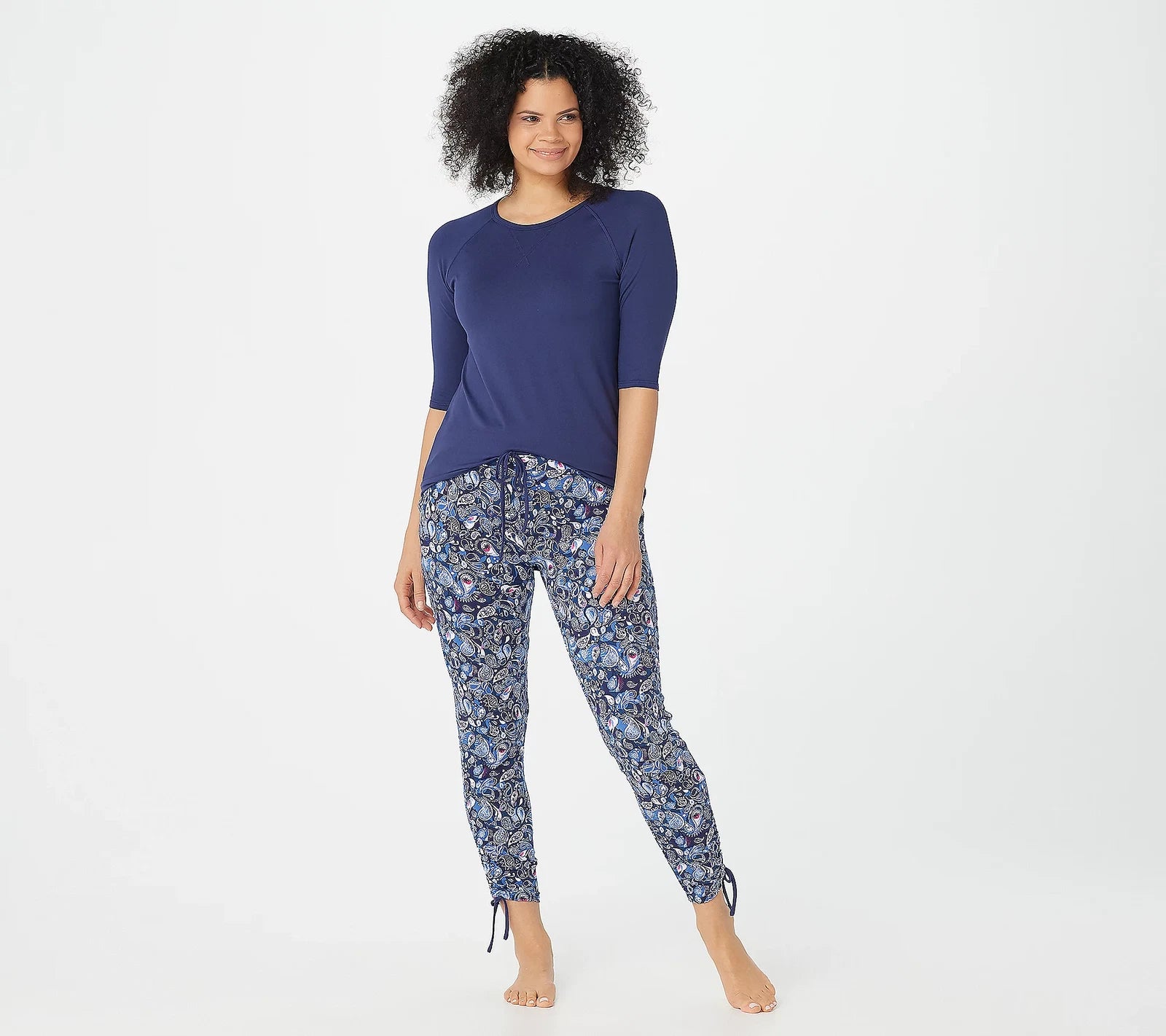 Cuddl Duds Smart Comfort Short Sleeve Tee & Cropped Pant Set Navy Paisley XS New