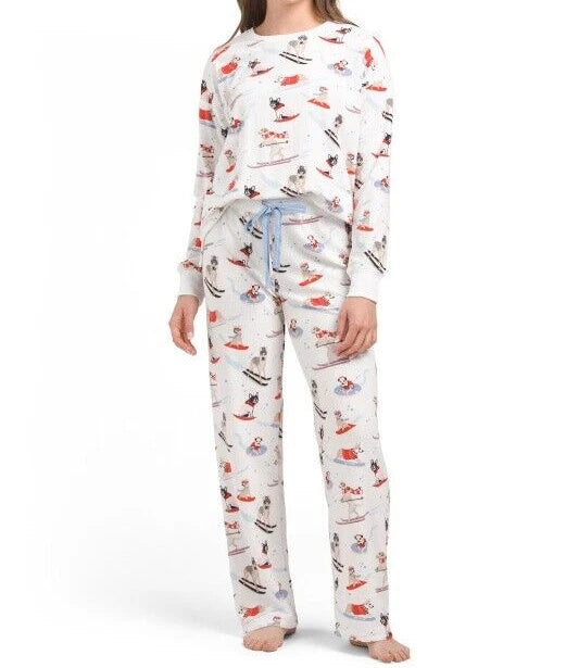 NWT PJ Salvage White/Blue DOGS ON SKIS Textured Velour Knit Pajama/Lounge Set XL