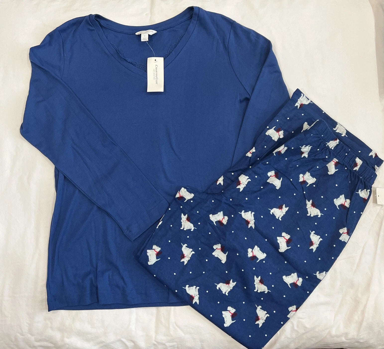 Charter Club Long Sleeve Flannel Pajama Set Womens S Small Scottie Dogs Blue New