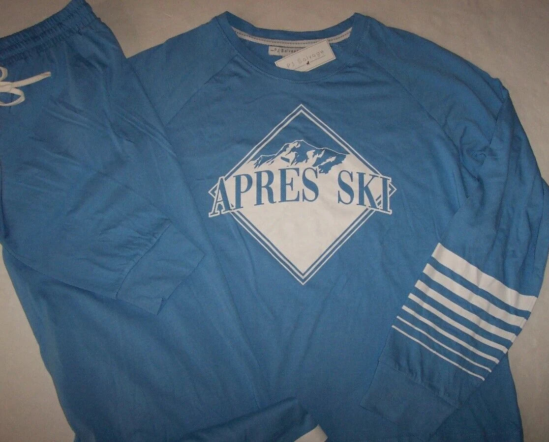 NWT PJ Salvage Blue/White APRES SKI Cotton/Rayon Jersey Knit Pajama/Lounge Set L