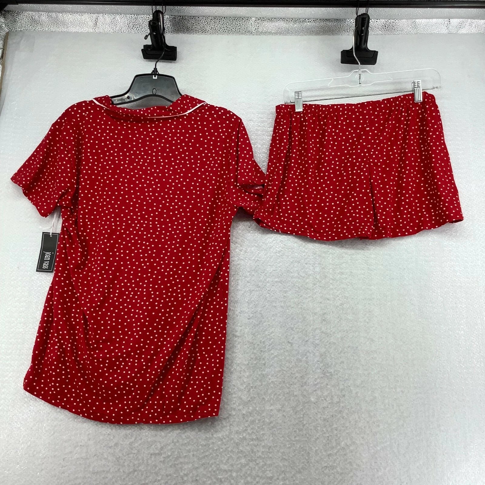 Joan Vass Womens Polka Dot Short Sleeves Collar 2 Piece Red Sleepwear Lounge Set