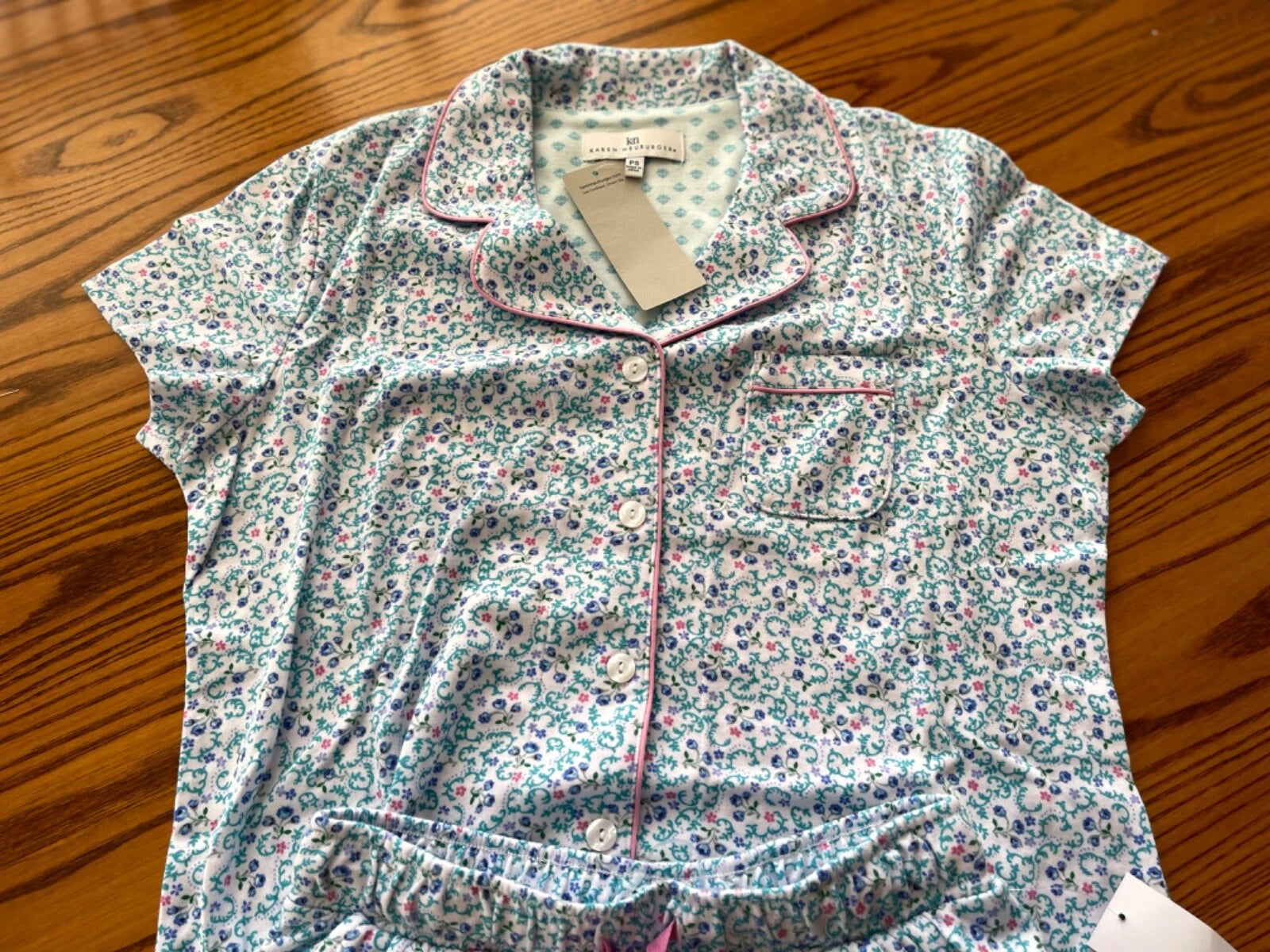 KAREN NEUBURGER 2-PIECE PAJAMA PETITE SMALL (PS) TOSCANA FLORAL AQUA FRESH