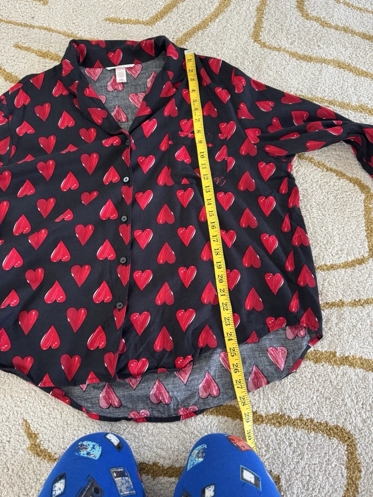 Victorias Secret Pajama Set L Heart Button Up Shirt Pant Sleepwear Cotton Black