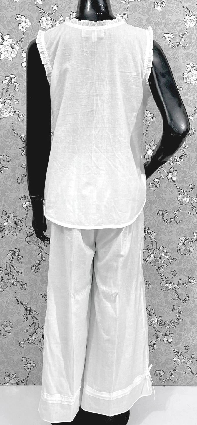 Victorian White 100% Cotton Pajama Set with Wide Leg Pants - SoieRose SR1175