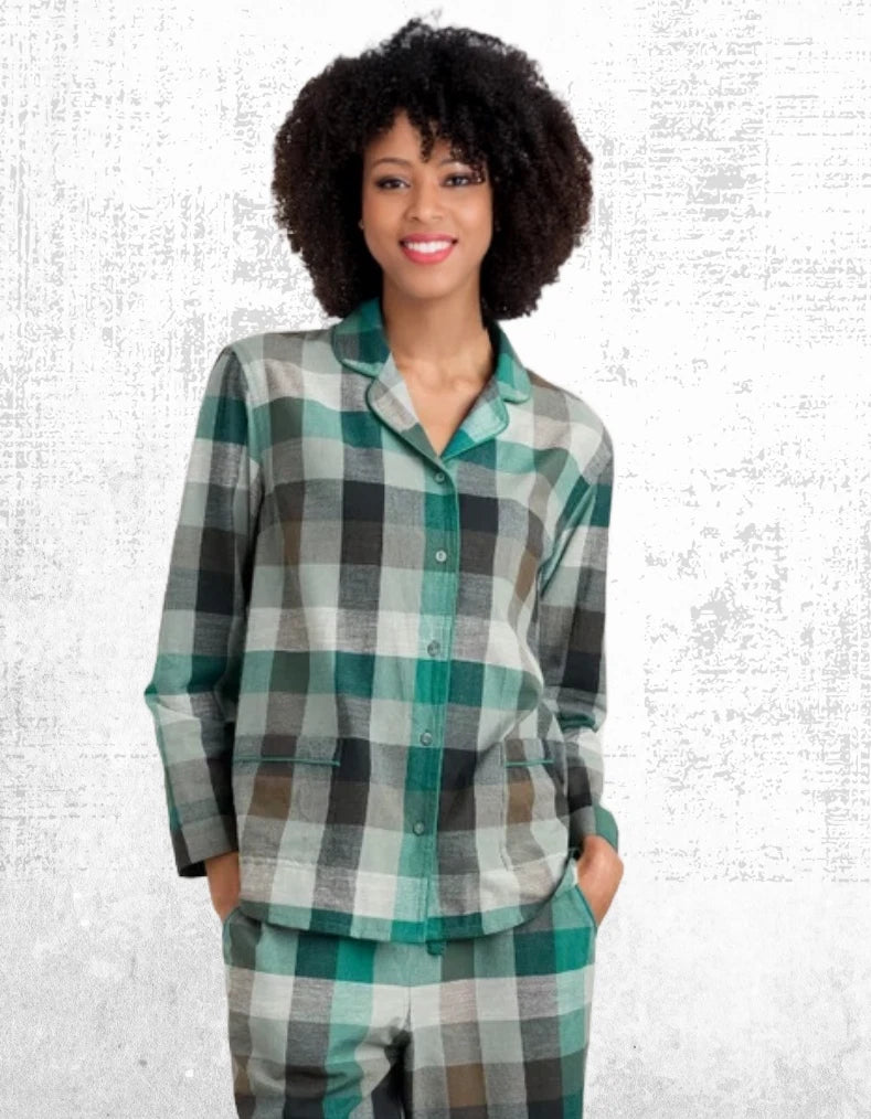 Ex Seasalt Women’s Moon Check Pyjama Set in Green  Pebble Selling