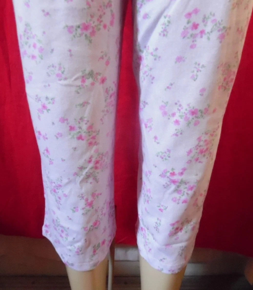 -KAREN NEUBURGER DITSY PINK FLORAL PAJAMAS BUTTON FRONT COLLAR TOP, CROP PANTS L