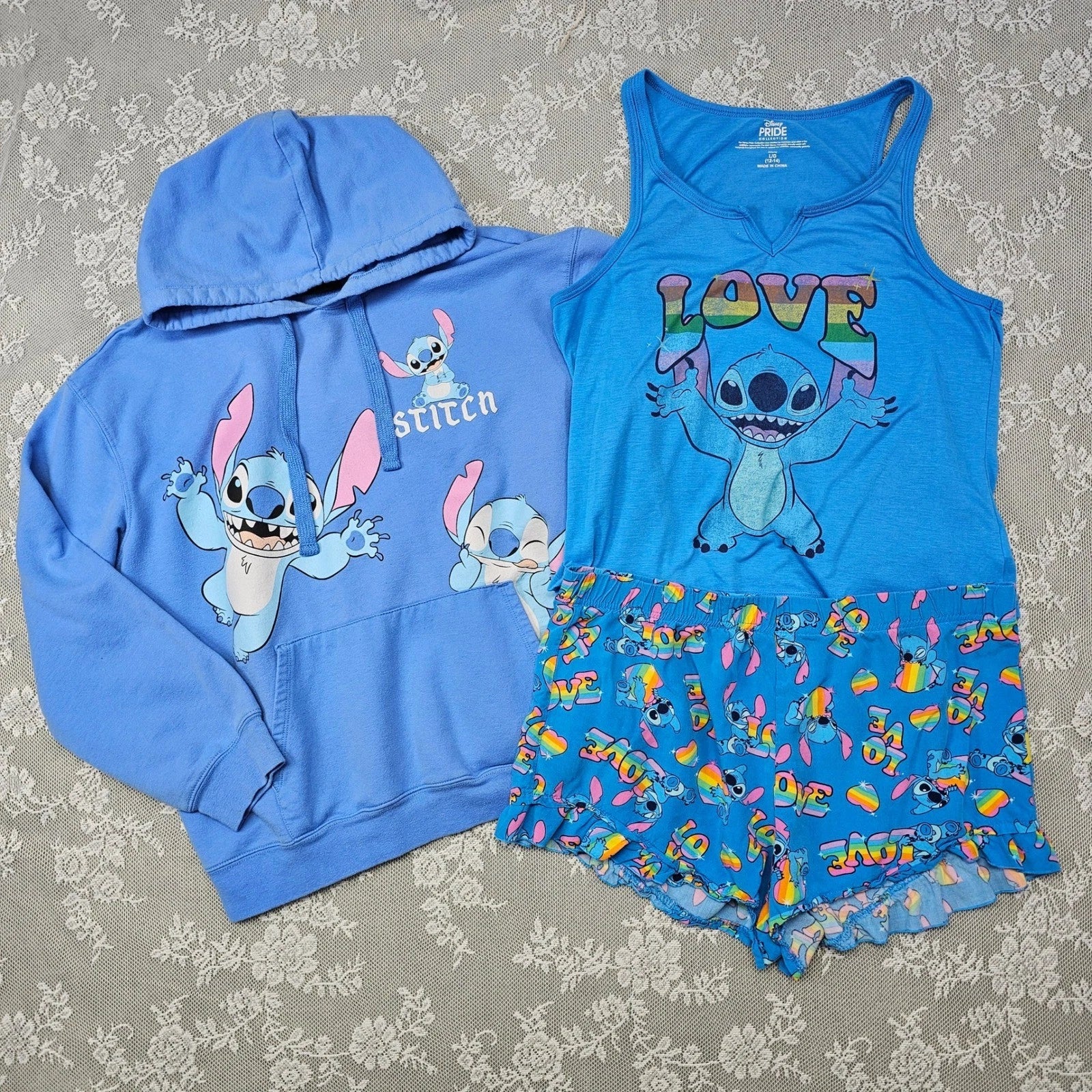 Disney Pride Stitch Pajama Set Tank Top Shorts Hoodie Blue L/G XL Sleepwear Set
