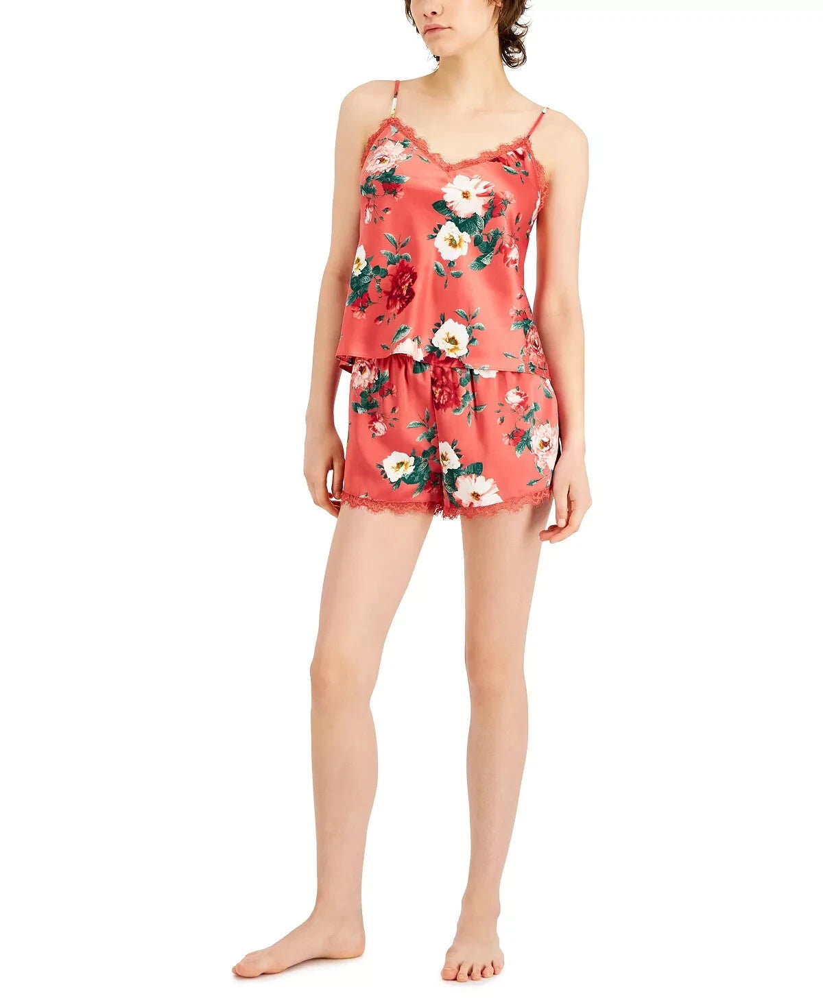INC Women's 2-Piece Lace-Trim Cami & Shorts Satin Pajama Set, Fall Floral, Small