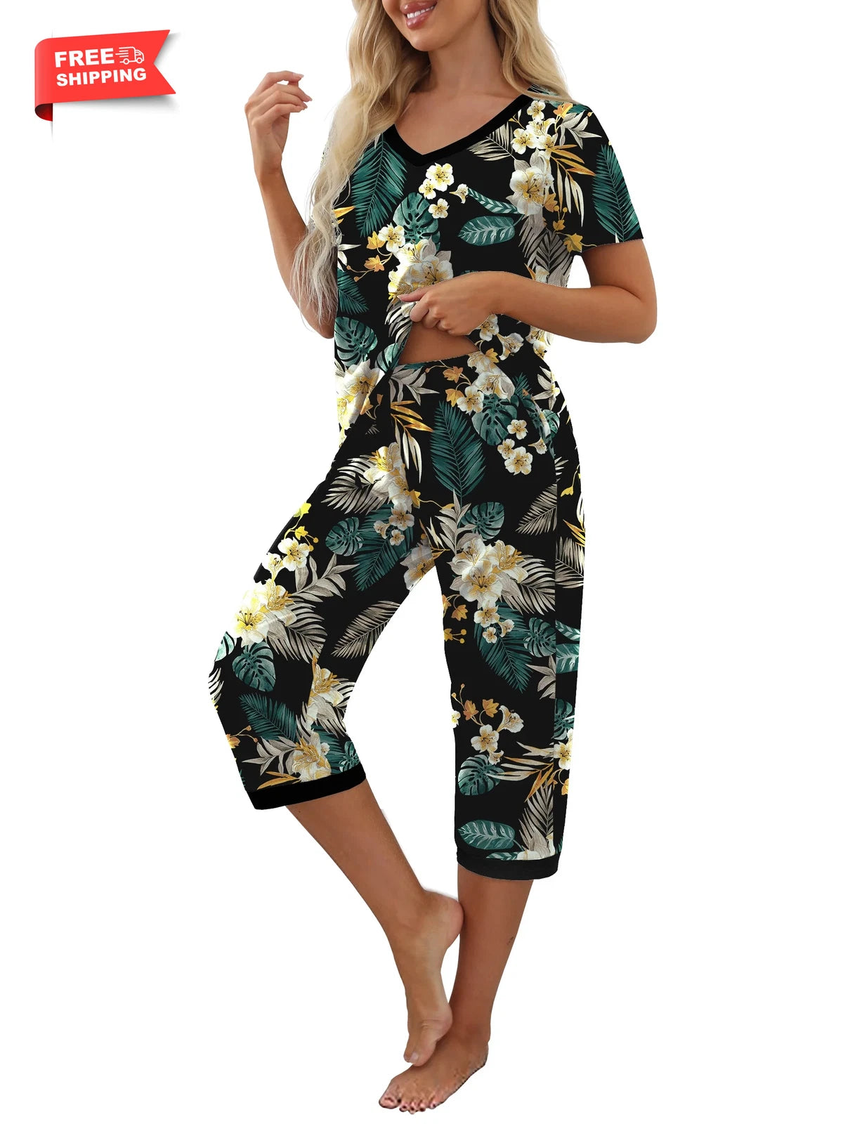 Women'S Pajama Sets Short Sleeve Shirt and Capri Soft Pajama Sets with Pockets