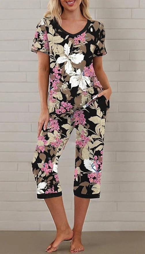 PrinStory 2pc Pajama Short Sleeve & Capri Pants Sleepwear Pjs Set Sz Large SOFT