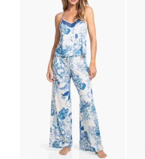 NWT In Bloom by Jonquil IVORY/BLUE/PURPLE FLORAL Knit Pajama Set L LACE Trim