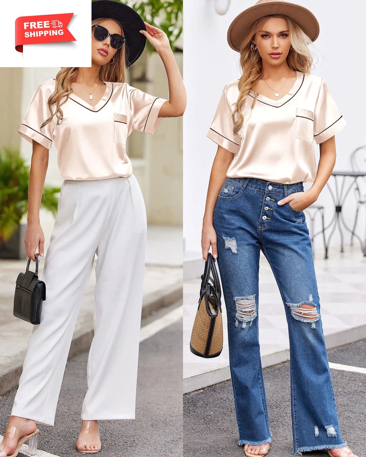 Pajamas for Women Summer Short Sleeve Tops and Shorts Soft Satin Silk Pj Set Sle