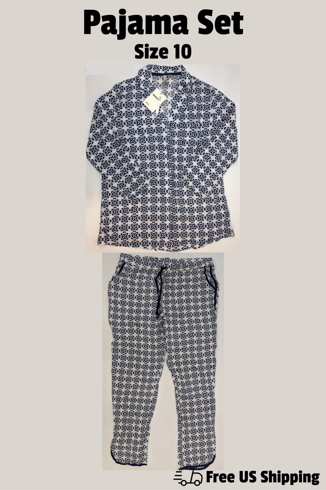 ASOS Womens Pajama Set Shirt and Pants White Blue Size 10