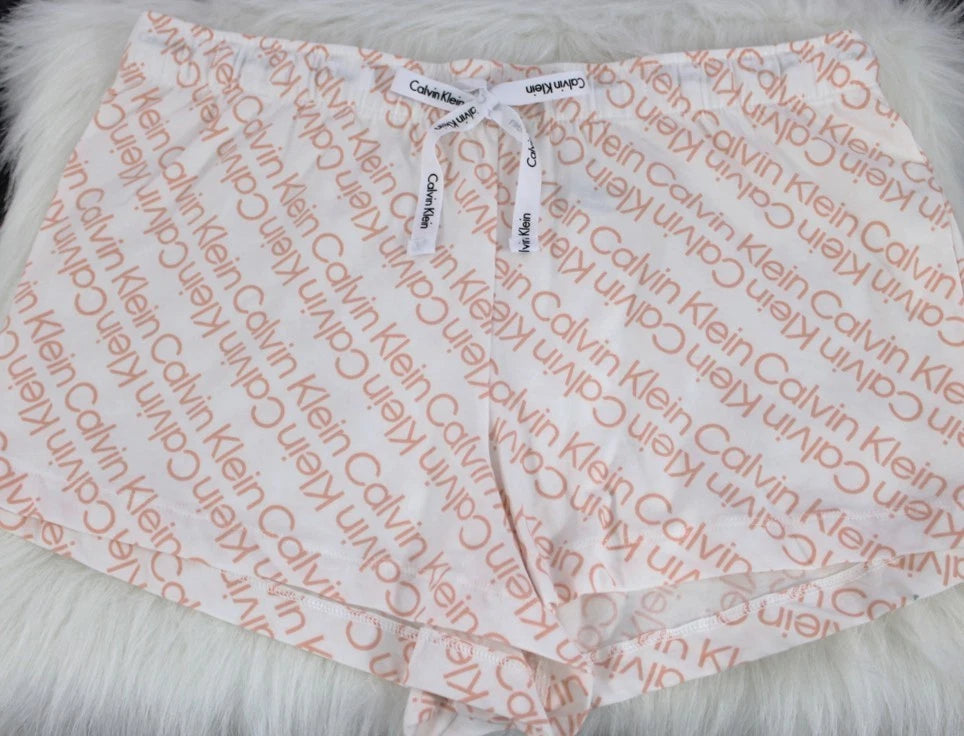 Calvin Klein Women’s Logo Lounge Pajama Set Top & Shorts White Peach M