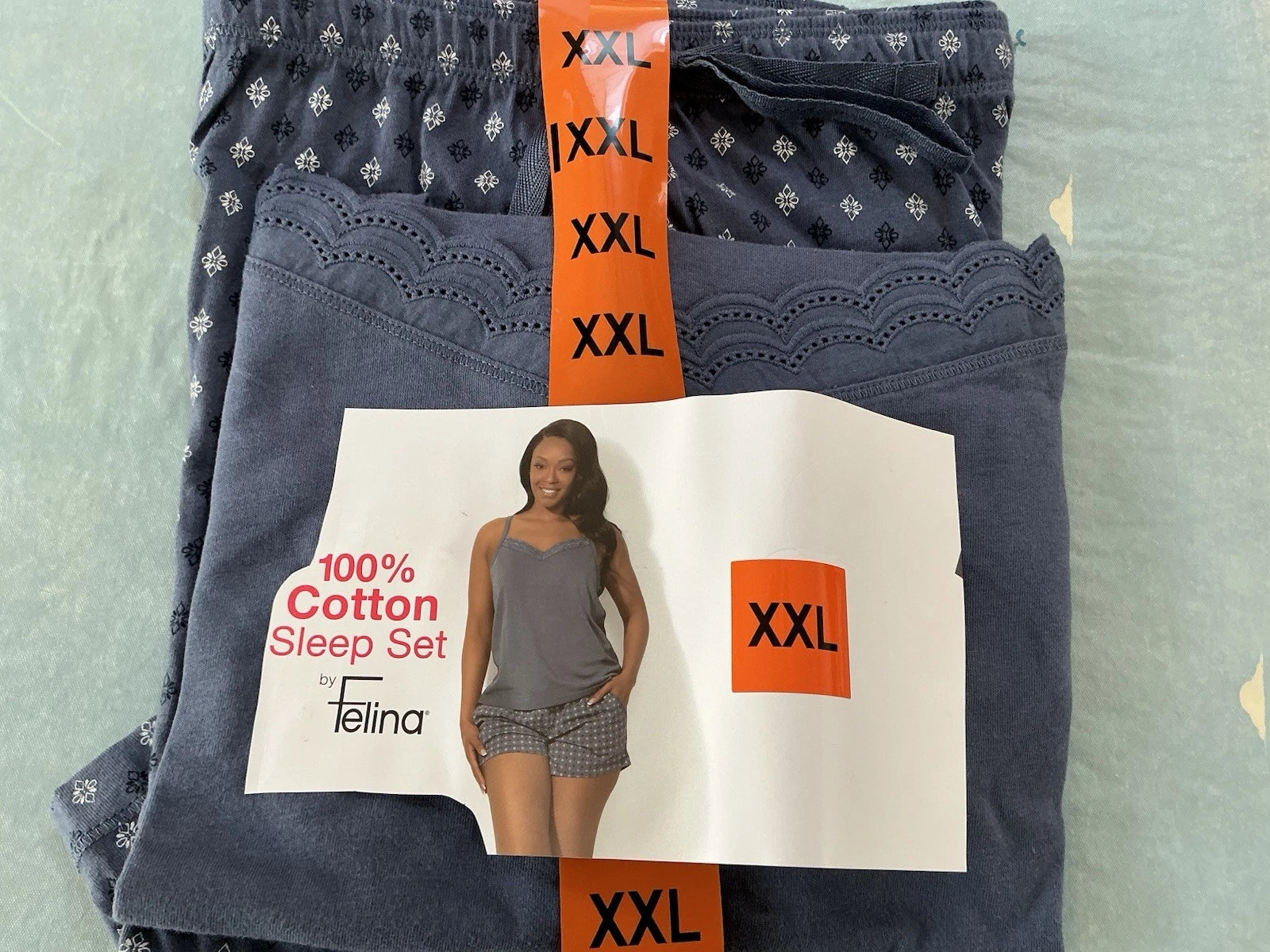 FELINA WOMAN’S 100% COTTON 2 PIECE PAJAMA SET, BLUE, CAMI SHORTS & TANK TOP, XXL