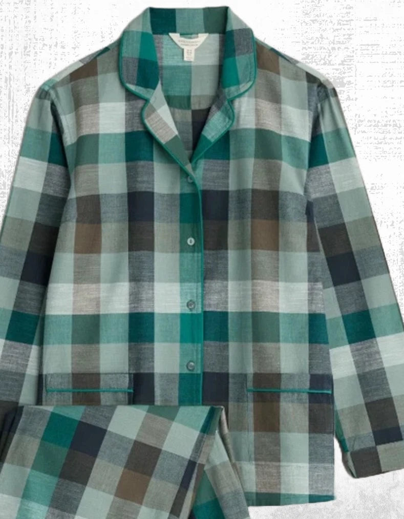 Ex Seasalt Women’s Moon Check Pyjama Set in Green  Pebble Selling