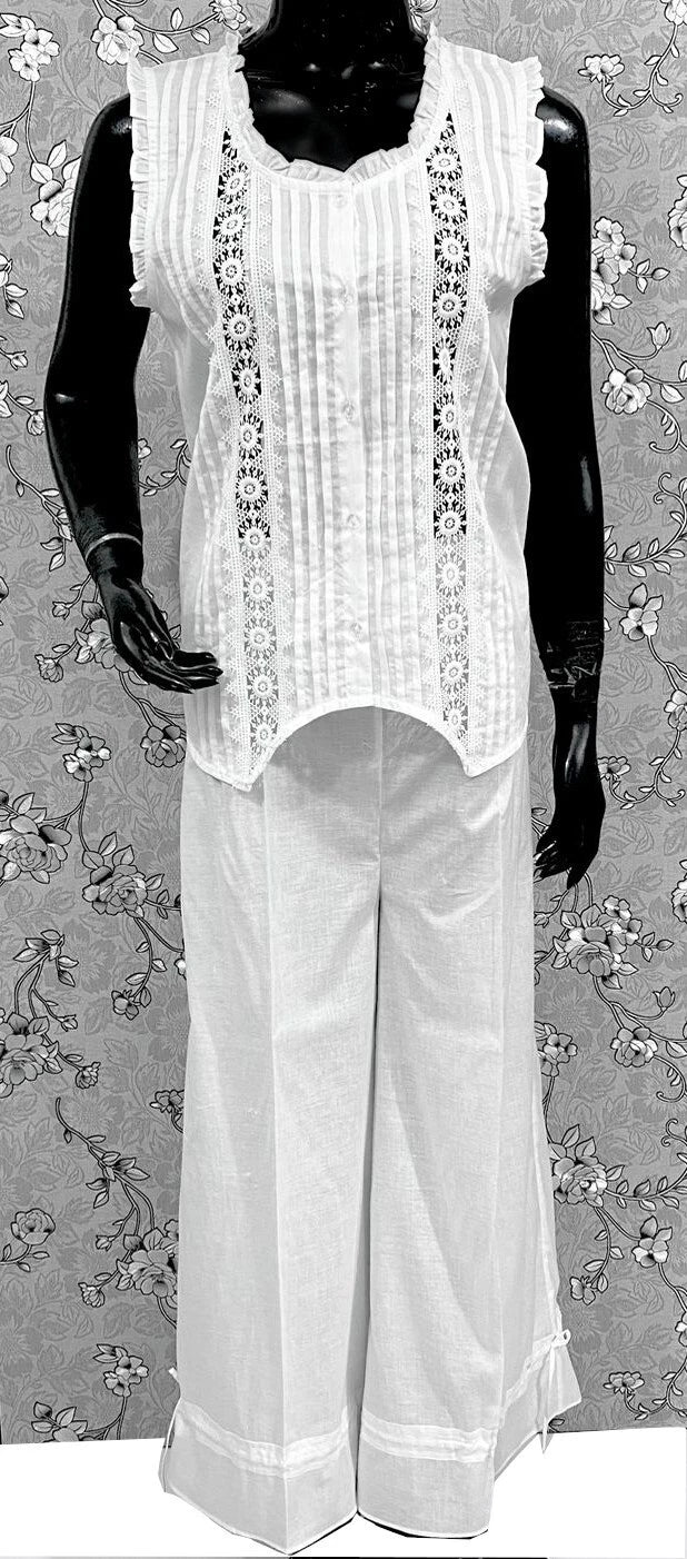 Victorian White 100% Cotton Pajama Set with Wide Leg Pants - SoieRose SR1175