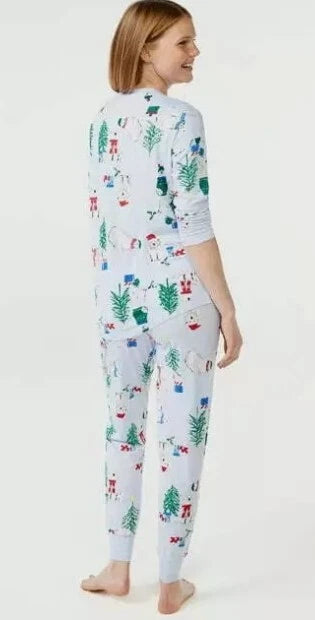 Joyspun Women's Long Sleeve Sleep Top Jogger Pajama Set Large 12-14 Christmas