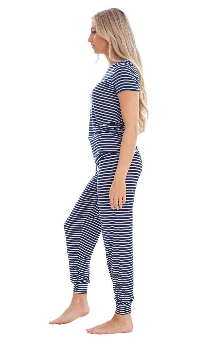 Ladies Soft Short Sleeve PJ'S Striped Stretch Pyjamas