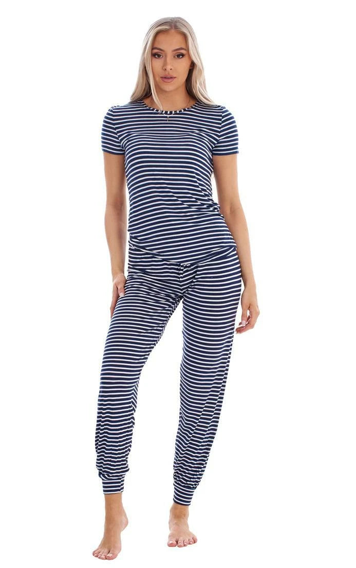 Ladies Soft Short Sleeve PJ'S Striped Stretch Pyjamas
