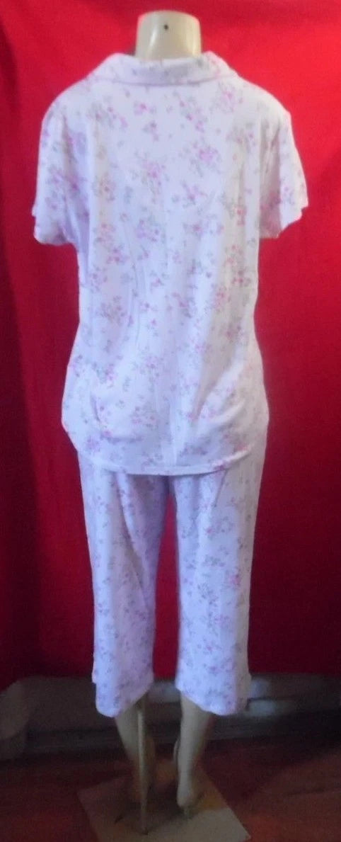 -KAREN NEUBURGER DITSY PINK FLORAL PAJAMAS BUTTON FRONT COLLAR TOP, CROP PANTS L