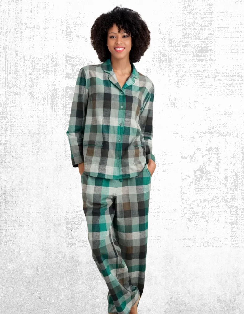 Ex Seasalt Women’s Moon Check Pyjama Set in Green  Pebble Selling