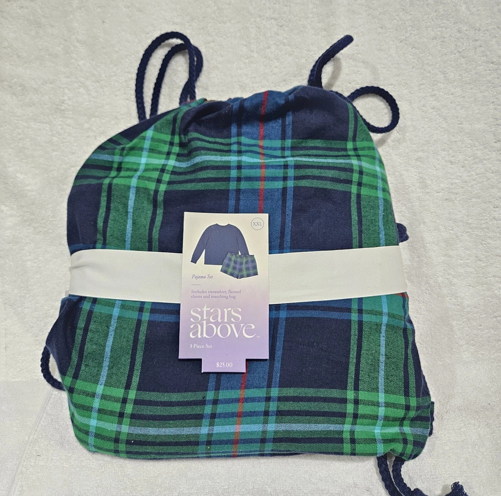 Women's XXL Stars Above Flannel Plaid Pajama Set Shorts, Long Sleeve