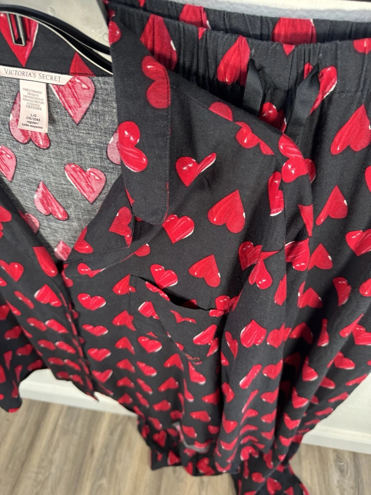 Victorias Secret Pajama Set L Heart Button Up Shirt Pant Sleepwear Cotton Black