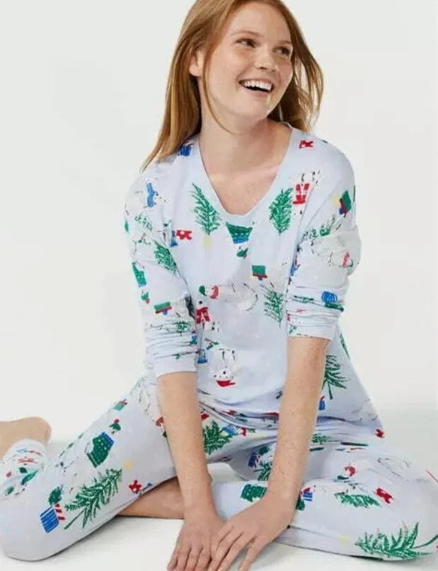 Joyspun Women's Long Sleeve Sleep Top Jogger Pajama Set Large 12-14 Christmas