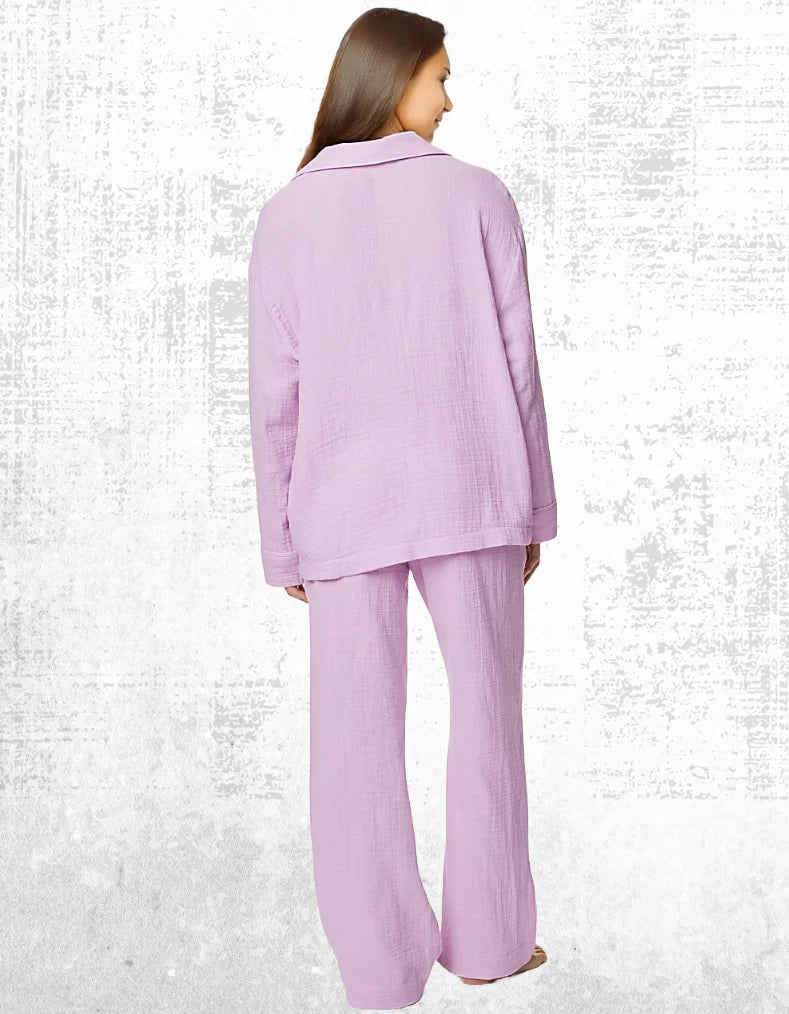 Ex M and S Women’s Long Sleeve Dobby Pattern Shirt Style Pyjama PJ Set in Lilac