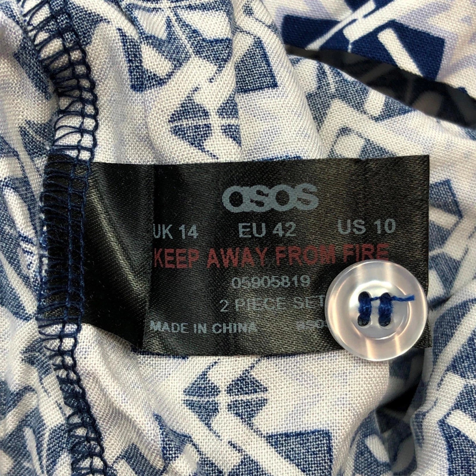 ASOS Womens Pajama Set Shirt and Pants White Blue Size 10