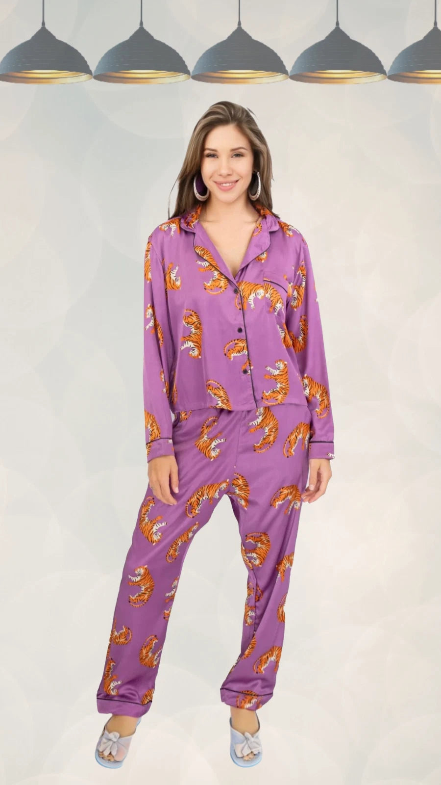 Ex PrettyLittleThings Women’s Satin Tiger Pajama Shirt And Pants Set