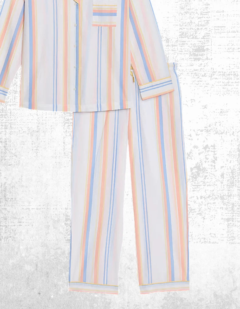 Ex M and S Women’s Long Sleeve Stripe Cotton Pyjama PJ Set in Ivory Mix