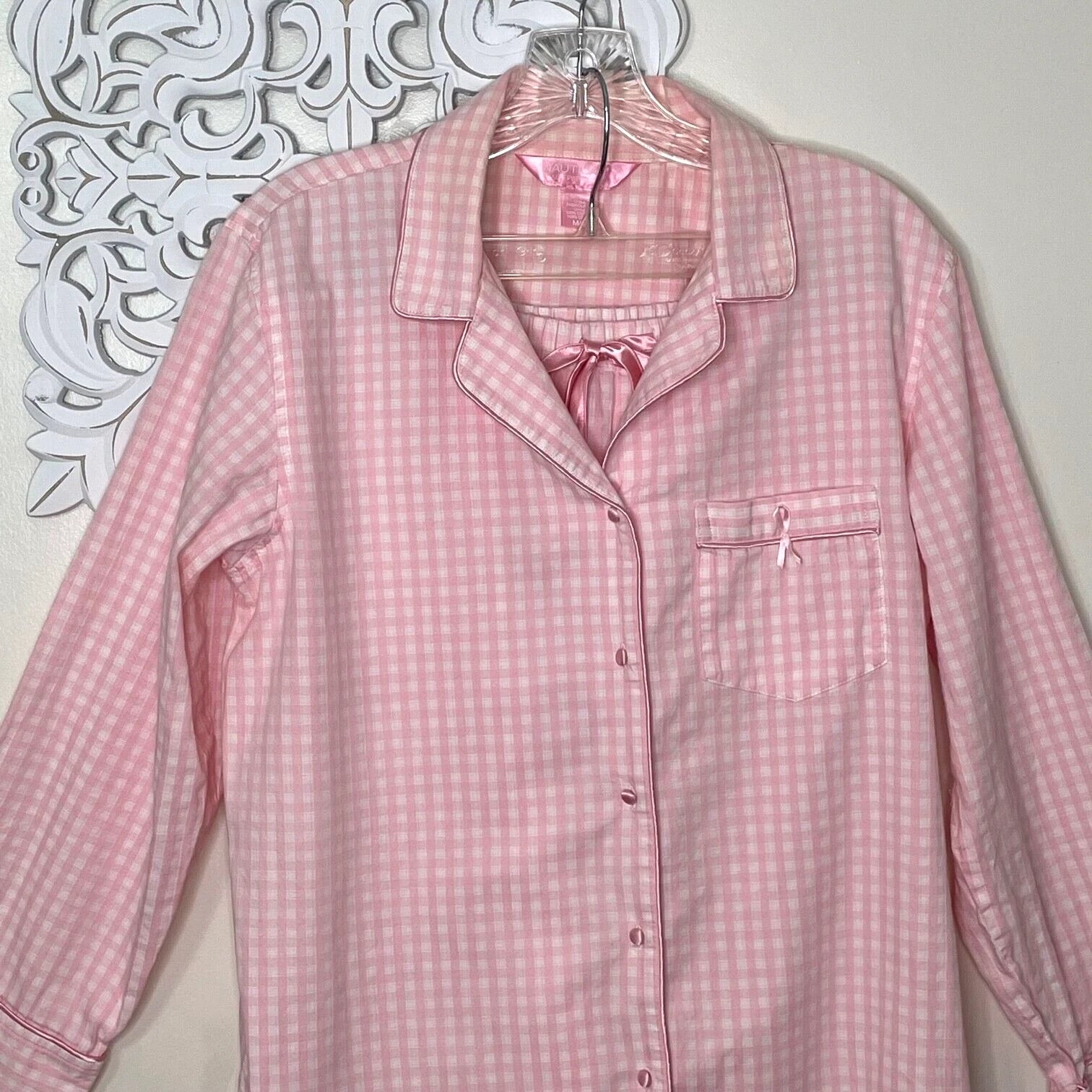 NAUTICA Sleepwear women's Medium pajama set pink gingham breast cancer awareness