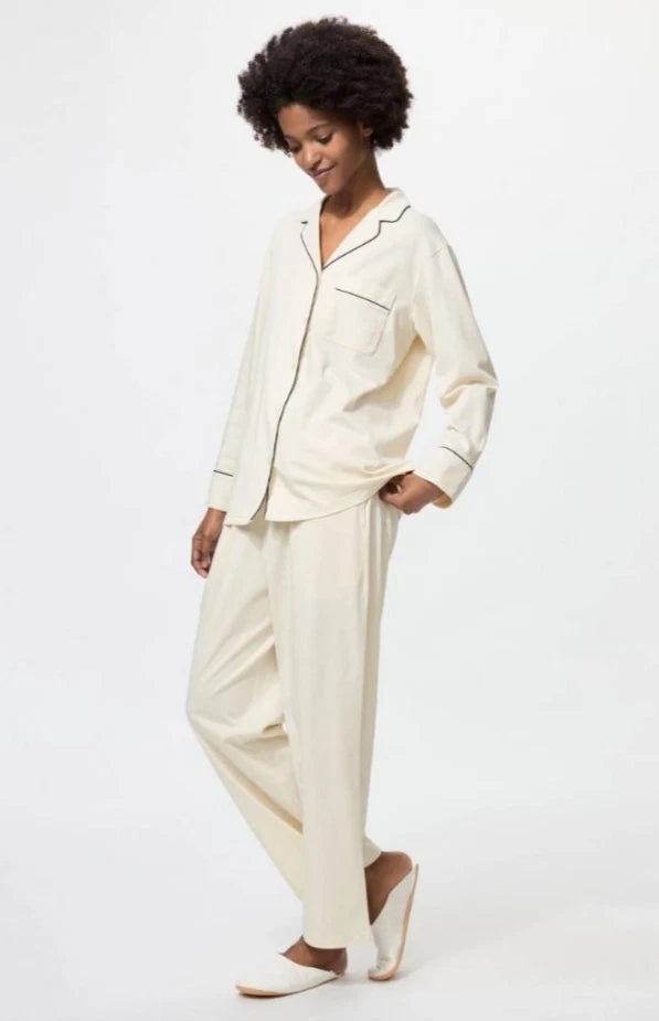 UNIQLO AIRism Women's Cotton Pajamas Long Sleeve ( Off White / Navy )  XS-3XL