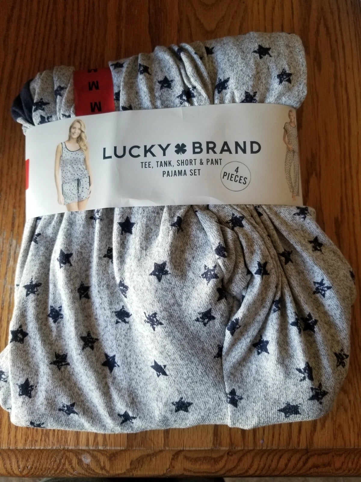 Womens Lucky Brand 3 PC PJ Pajamas Set Grey Stars Navy Blue X-Small XS
