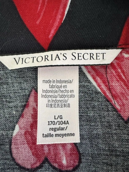 Victorias Secret Pajama Set L Heart Button Up Shirt Pant Sleepwear Cotton Black
