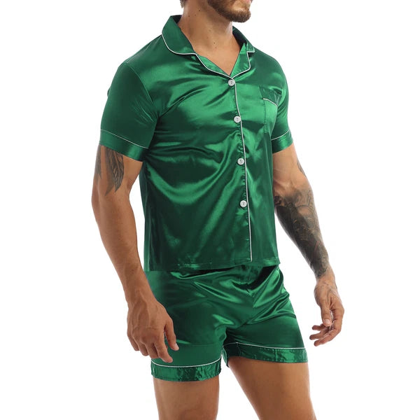 Mens Satin Nightwear Two Piece Pyjamas Pajamas Set Loungewear L-3XL-