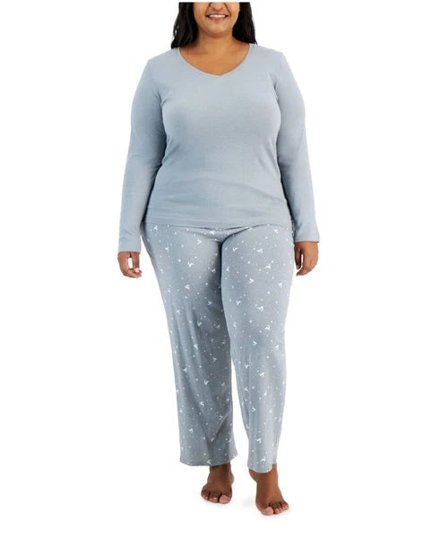 Charter Club Women's Long-Sleeve top & Printed Pants Pajama Set Grey sz. XXXL