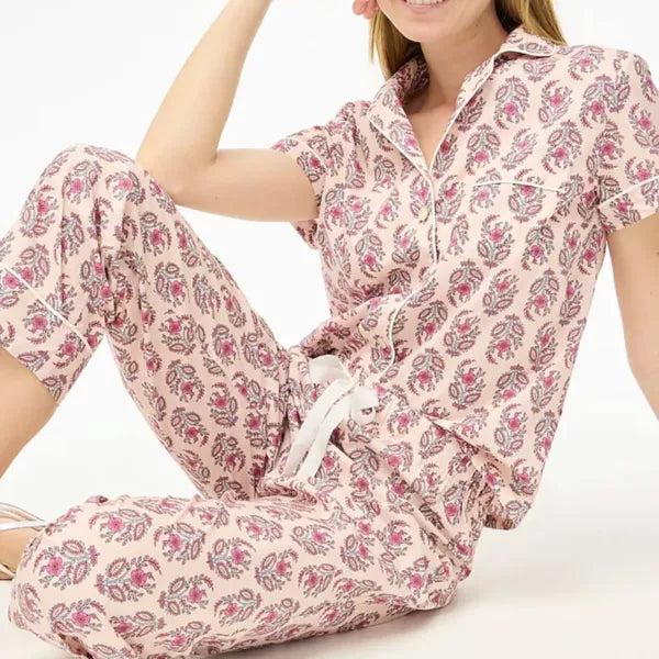 J Crew NWT $118 Pink Floral Short-Sleeve Cotton Pajama Set Sz XL | Cropped Pant