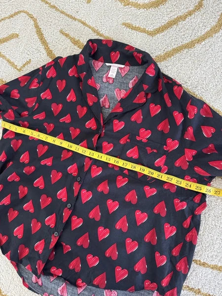 Victorias Secret Pajama Set L Heart Button Up Shirt Pant Sleepwear Cotton Black
