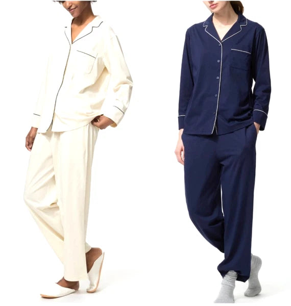 UNIQLO AIRism Women's Cotton Pajamas Long Sleeve ( Off White / Navy )  XS-3XL