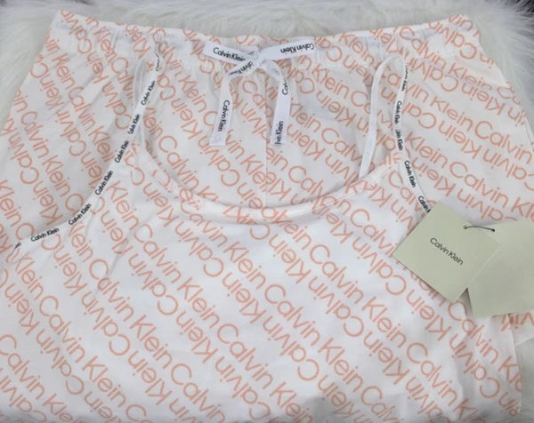 Calvin Klein Women’s Logo Lounge Pajama Set Top & Shorts White Peach M