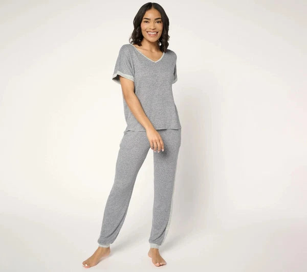 Muk Luks Sweater Knit Short Sleeve and Jogger Pajama Set Black L New