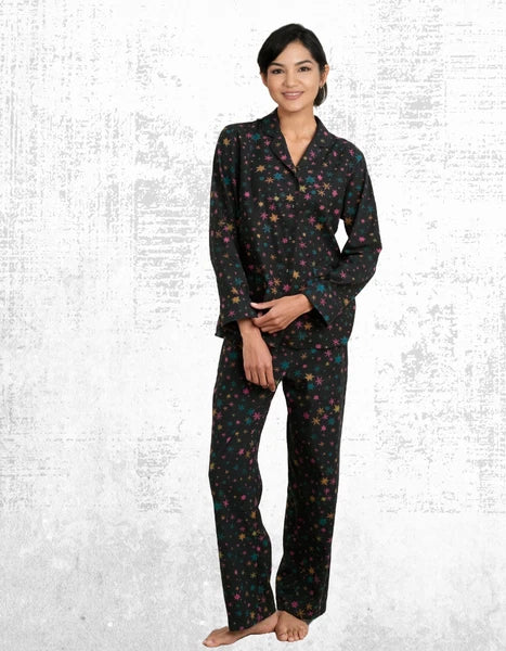 Ex Seasalt Women’s Long Sleeve Cotton Pyjama Set in Black Multi Snow