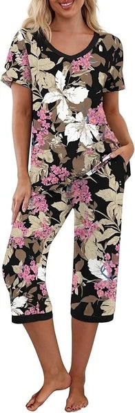 PrinStory 2pc Pajama Short Sleeve & Capri Pants Sleepwear Pjs Set Sz Large SOFT