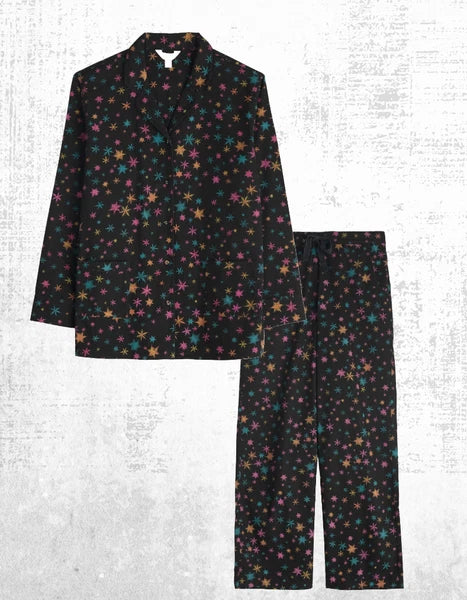 Ex Seasalt Women’s Long Sleeve Cotton Pyjama Set in Black Multi Snow
